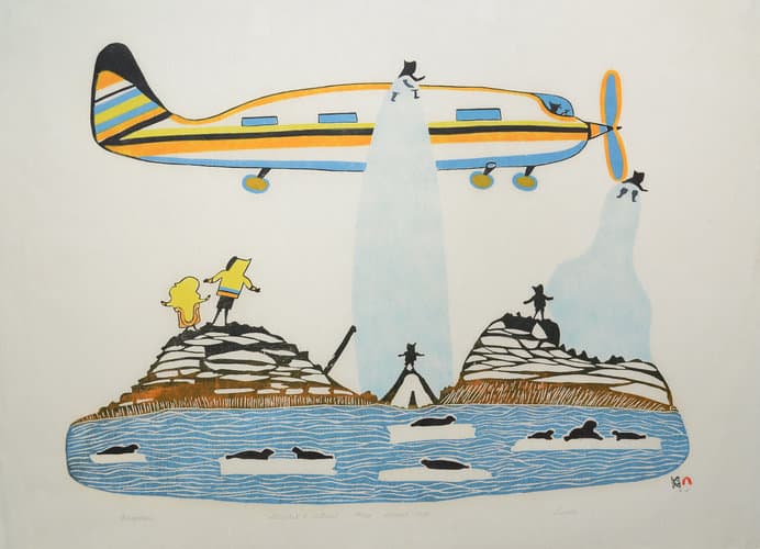 indigenous artwork of a plane and a people standing on land