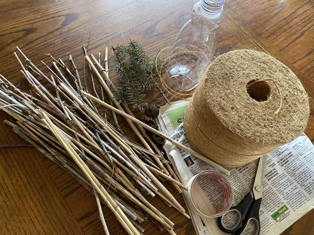 sticks, twigs, pine cones, tree bark, hollow reeds, bamboo stems