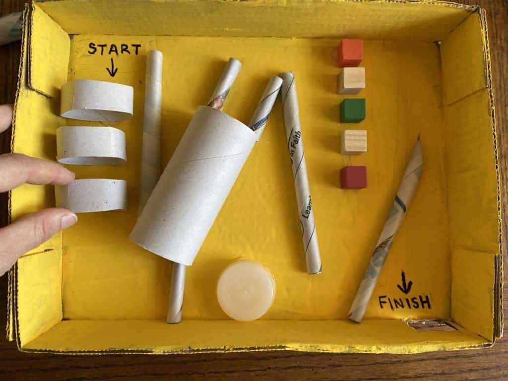 Various materials laid out in a yellow box.
