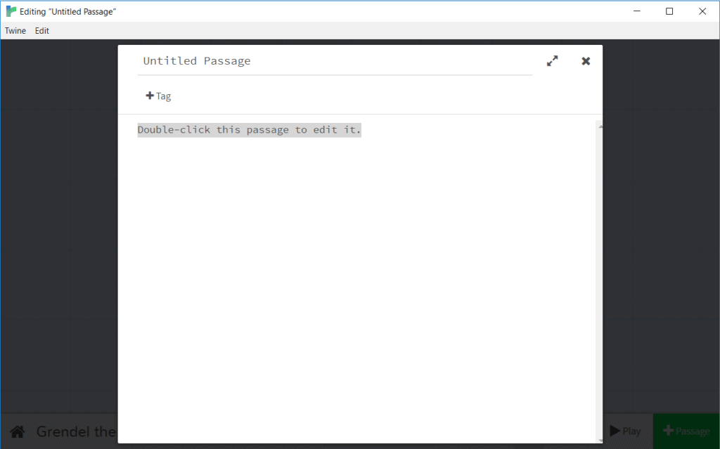 The passage window in Twine showing default text fields.