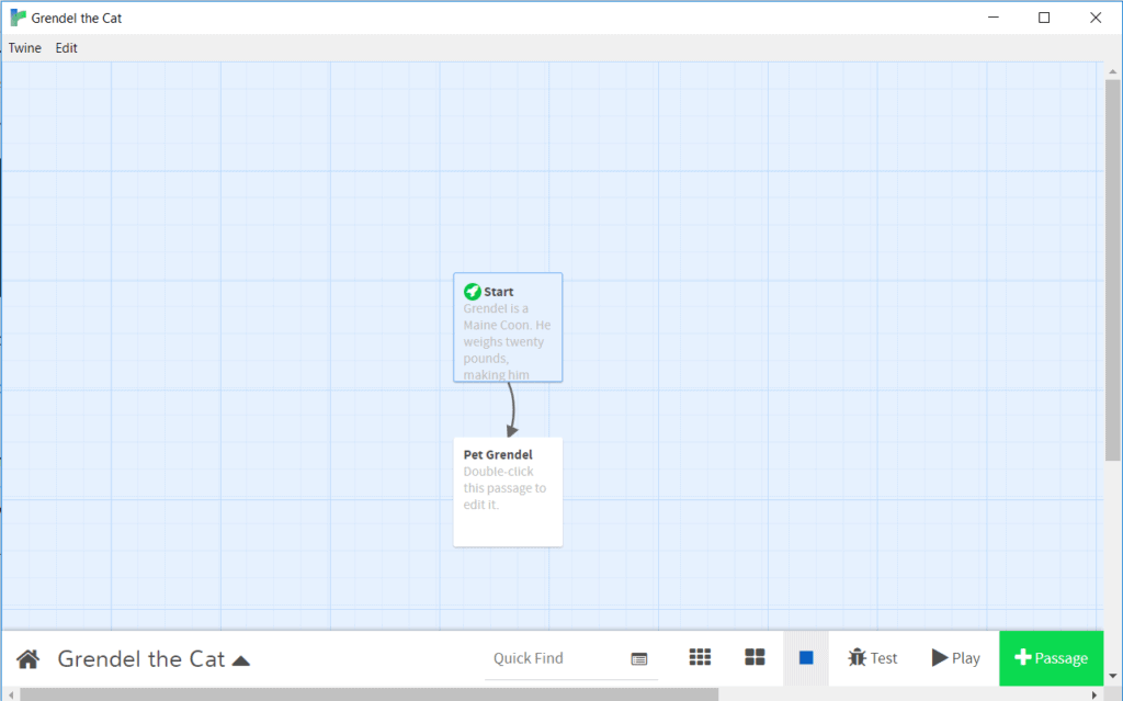 The Twine editor screen showing two passages with a line connecting them.