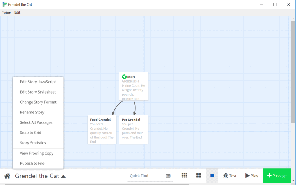 The options menu in Twine showing the Publish to File button.
