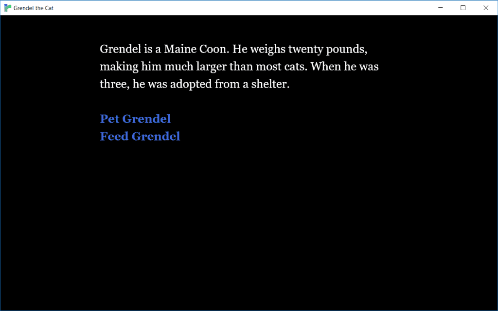 The Twine Play window showing a paragraph of text and two choices.