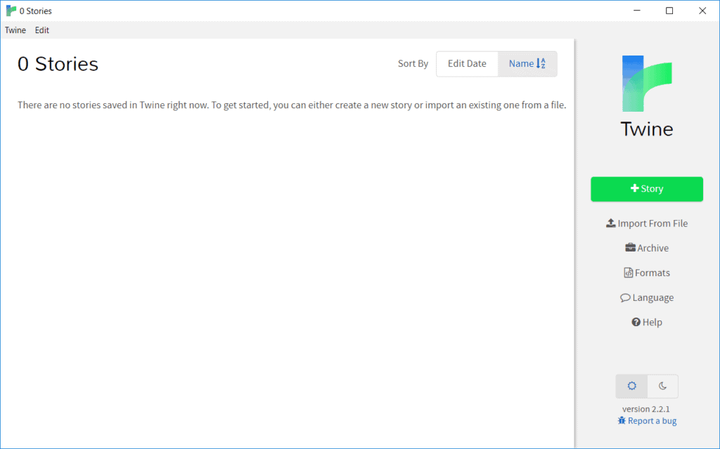 The Twine software showing there are currently no stories.