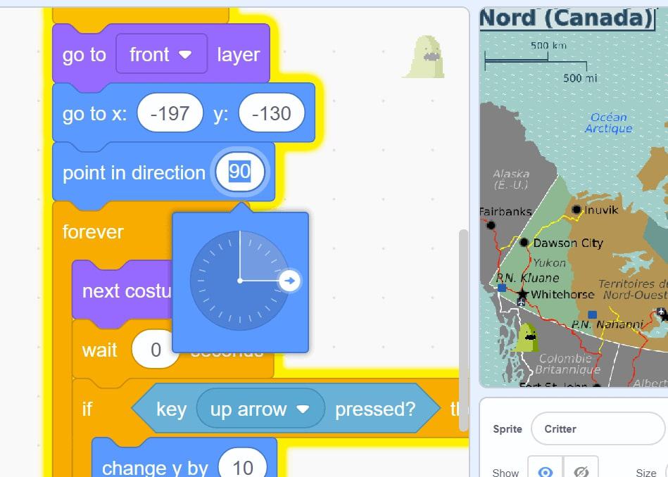 Block code in Scratch with the "point in direction 90" block being changed