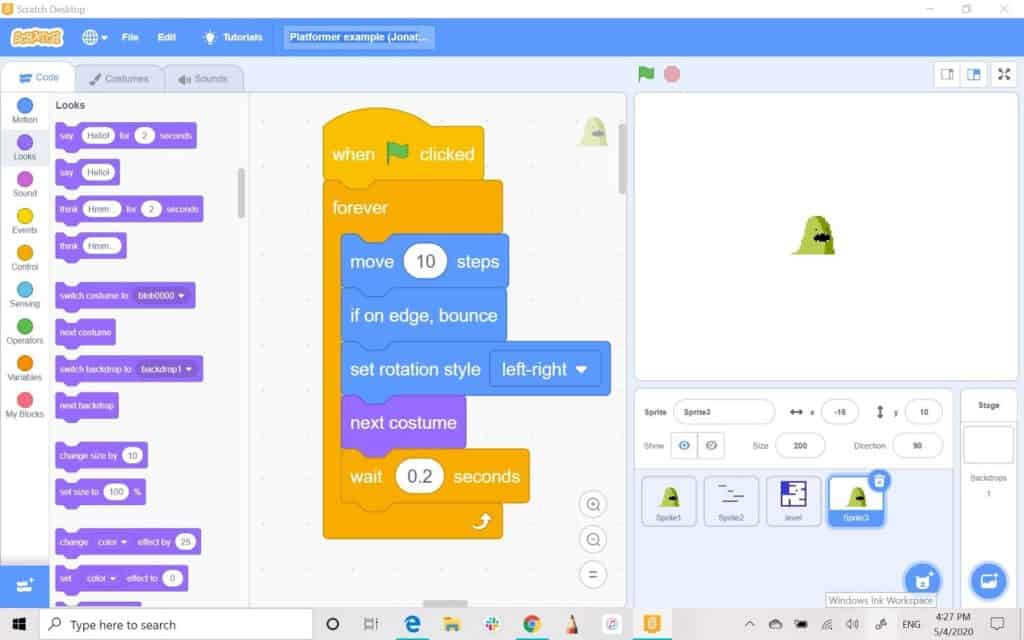 Scratch sprite editor screen with block code
