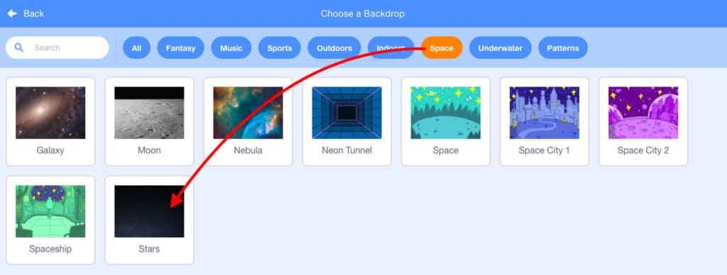 The backdrop window in Scratch. A backdrop has a big red arrow pointing towards it.