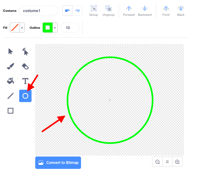 A circle made in Scratches Costume window. Red arrows point towards the circle tool and the bright green circle on the canvas.