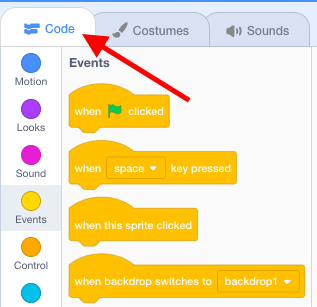Scratch "Code" window being pointed to with a red arrow.