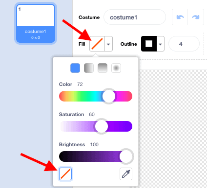 A "Fill" drop down menu in Scratches Costume window, with red arrows pointing towards the transparent options.