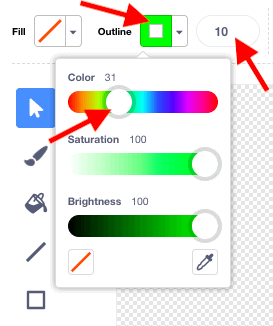 The "Outline" dropdown menu in Scratches Costumes window open, with colour sliders selected to a bright green.