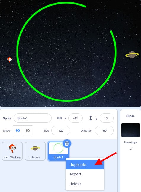 Duplicating a sprite in Scratch.