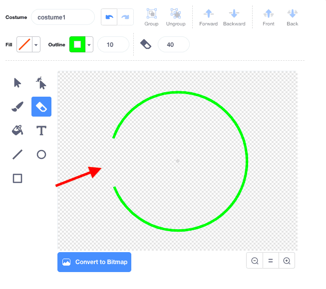 A bright green circle made in Scratches Costume window. The eraser tool is selected, and a part of the circle is erased.