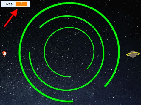 Screen capture of a game in Scratch. A red arrow points towards the "Lives" counter in the top left corner.