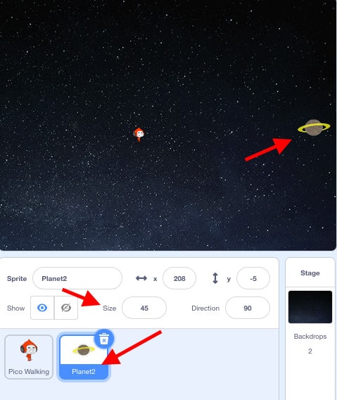 A scene with the Pico Walking sprite and the Planet sprite on a space backdrop. With red arrows pointing towards "Size: 45" and the Planet sprite.
