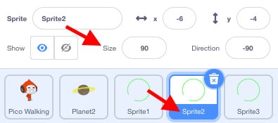 Scratch sprite window, a red arrow points at "Sprite2".