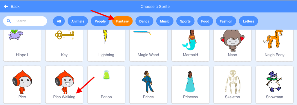 Scratch sprite select window, with a red arrow pointing towards the Pico sprite in the bottom left corner.