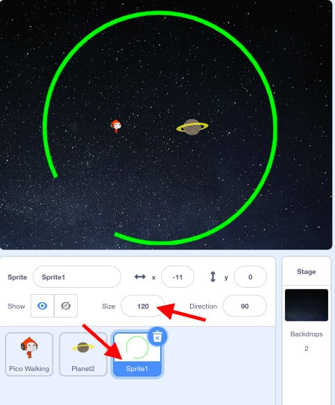 A big green ring has been added around the Pico and Planet sprites.