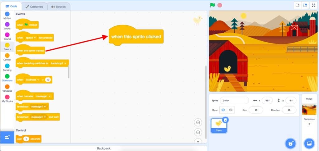 An Events block "when this sprite clicked" block added to the code window in Scratch.