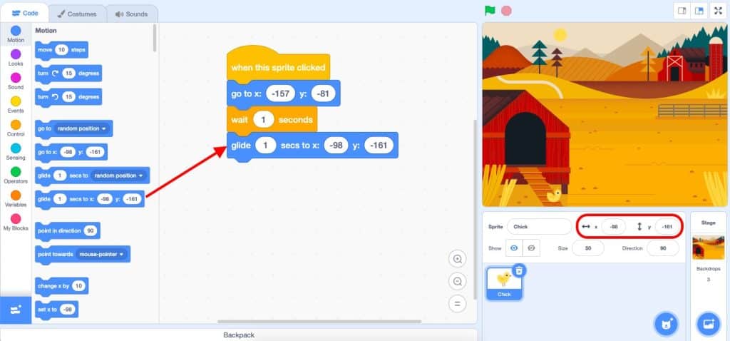 A Motion block "Glide 1 secs to x: -98 y:-161" block added to the three previous blocks.