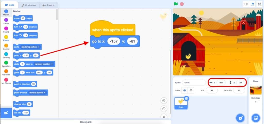 A Motion block "go to: X: -157 Y: -81" added under the "when this sprite clicked" block.