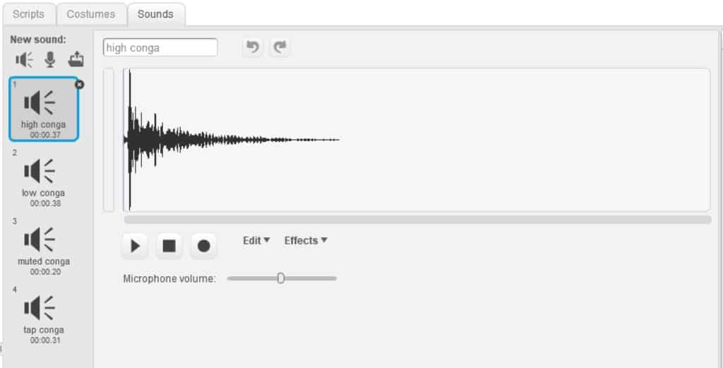 The sound tab with the high conga sound file loaded.