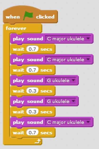 Code blocks that will play various sounds one after another after a certain amount of time has passed in a forever loop.