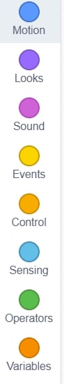 Different coding block sections displayed in Scratch