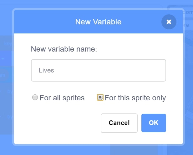 New Variable window in Scratch