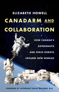 Canadarm and Collaboration book cover with astronauts floating in space against a starry sky background