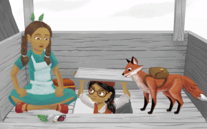 one girl coming out of the floor with another girl sitting on the floor with a fox