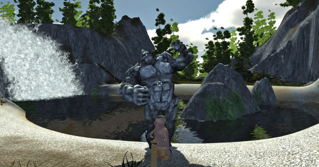 man being chased by a stone statue