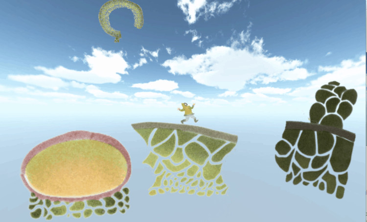 artwork of a man jumping over different pieces of artwork