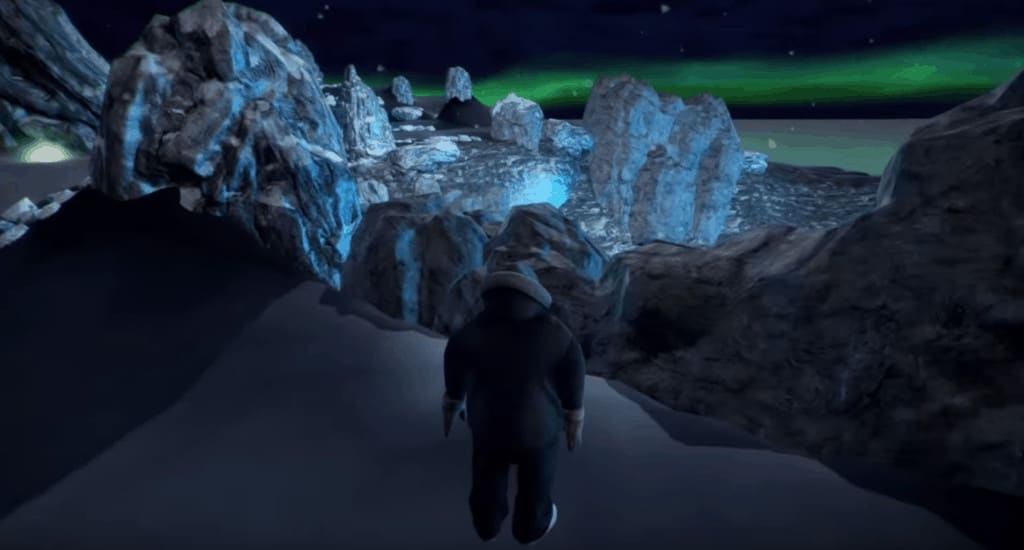 man standing in front of icebergs and northern lights