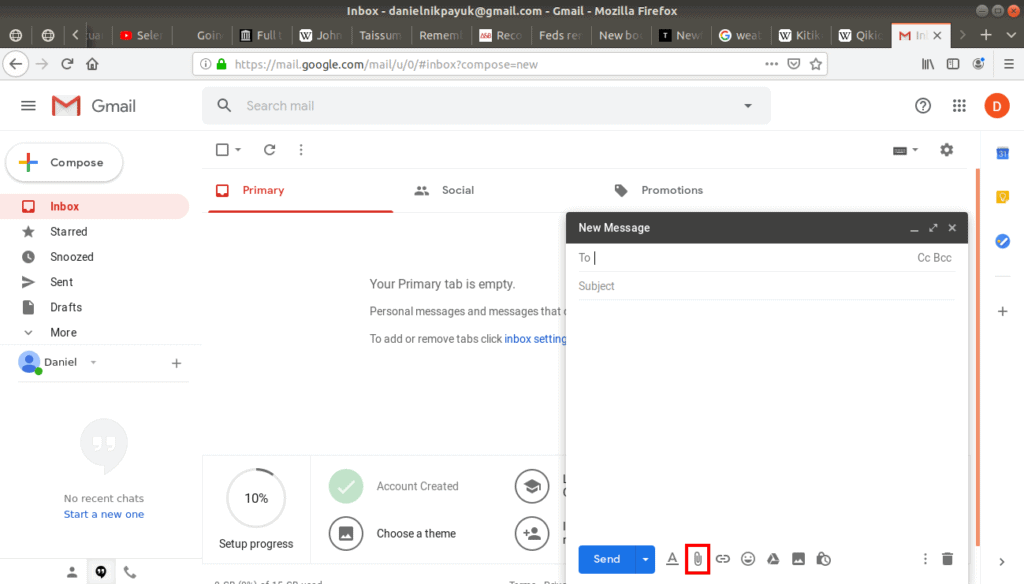 attach files button highlighted in a new email.