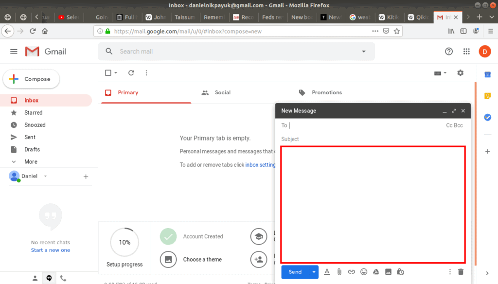 text box highlighted in a new email.