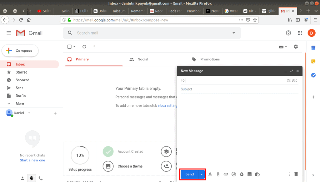 send button highlighted in a new email.