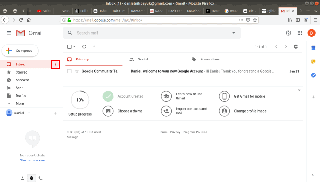 Inbox highlighted on Gmail.