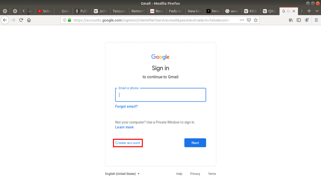 Create an account highlighted on Gmail default page.