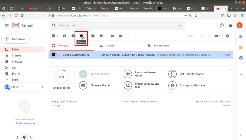 Delete button on tool bar highlighted on Gmail.