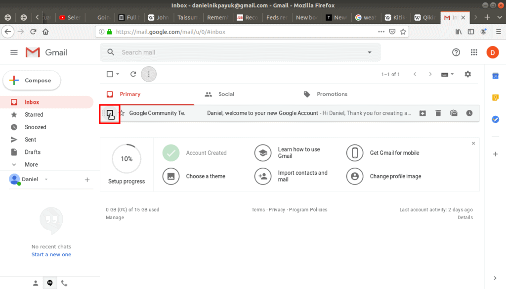 Mouse hovering over the check box of the Google Community email.