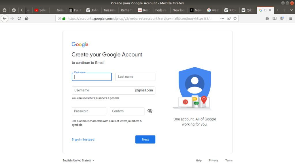 Create your Google Account open asking for information.
