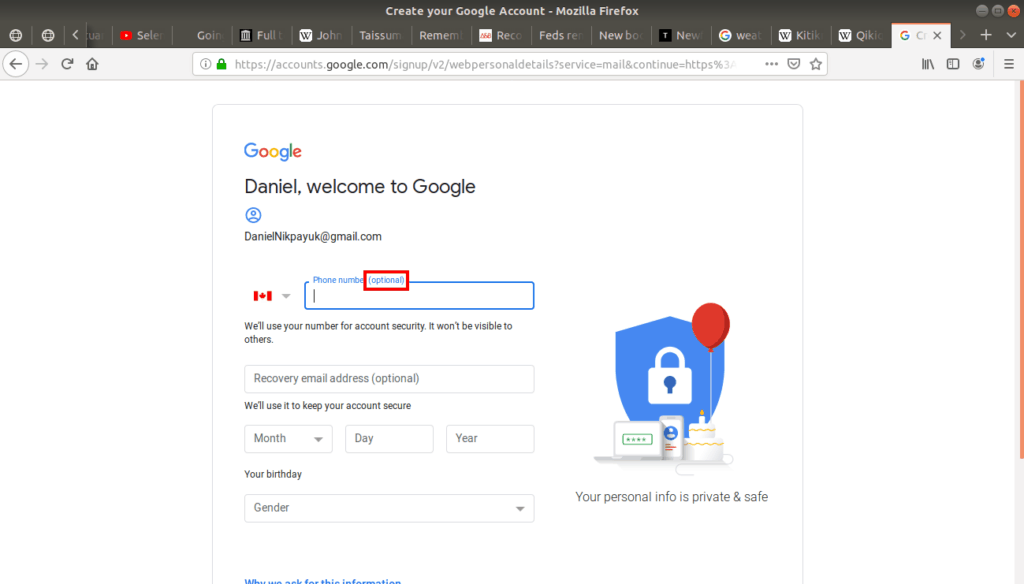 Phone number (optional) highlighted on Gmail.