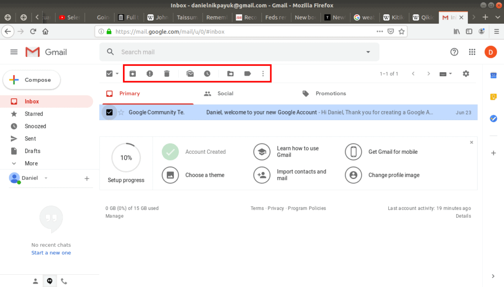 Tool bar highlighted at the top of the inbox in Gmail.