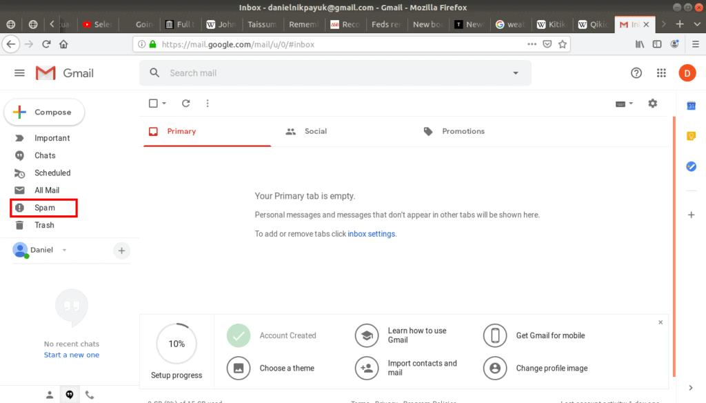 Spam folder highlighted in Gmail.