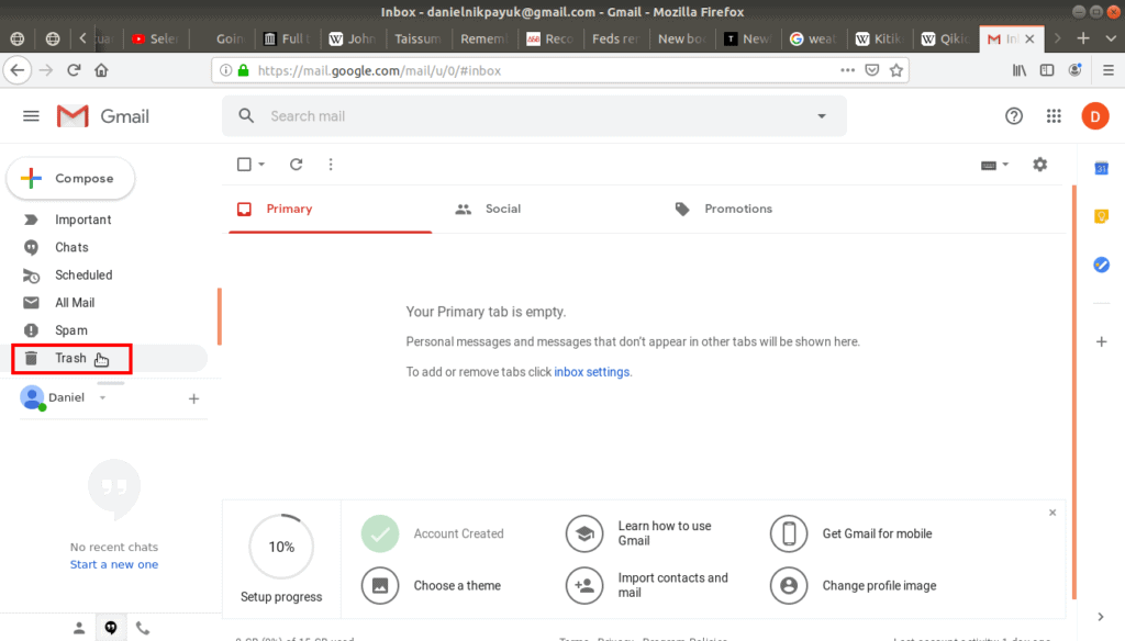 Trash folder highlighted in Gmail.