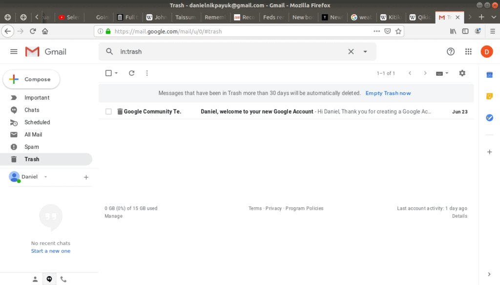 Trash folder highlighted in Gmail.