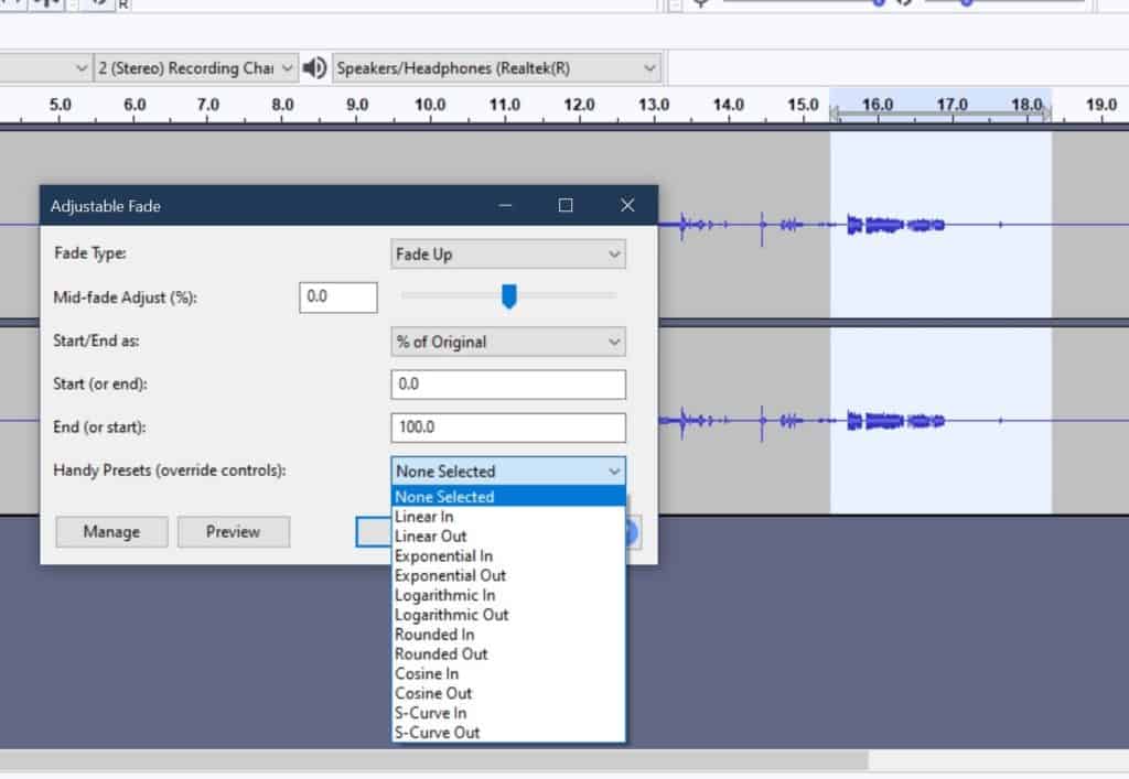 Audacity's adjustable fade menu opened.