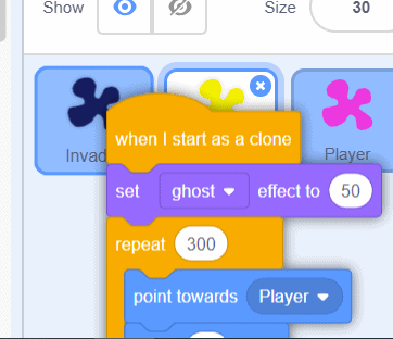 "When i start as a clone" code in Scratch.
