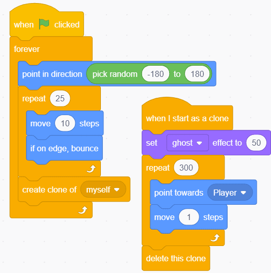 Two block codes being displayed in Scratch.